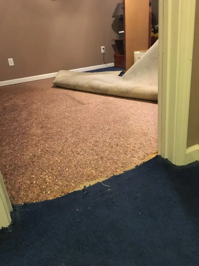 Carpet pad removal revealing water damage during Drying & Dehumidification in Clayton